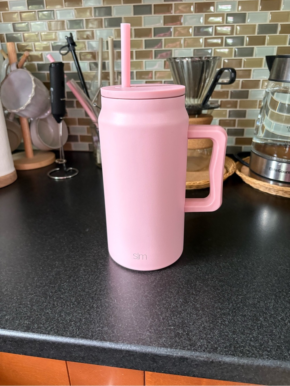 SM Minimalist Pink Insulated Travel Mug with Straw and Handle